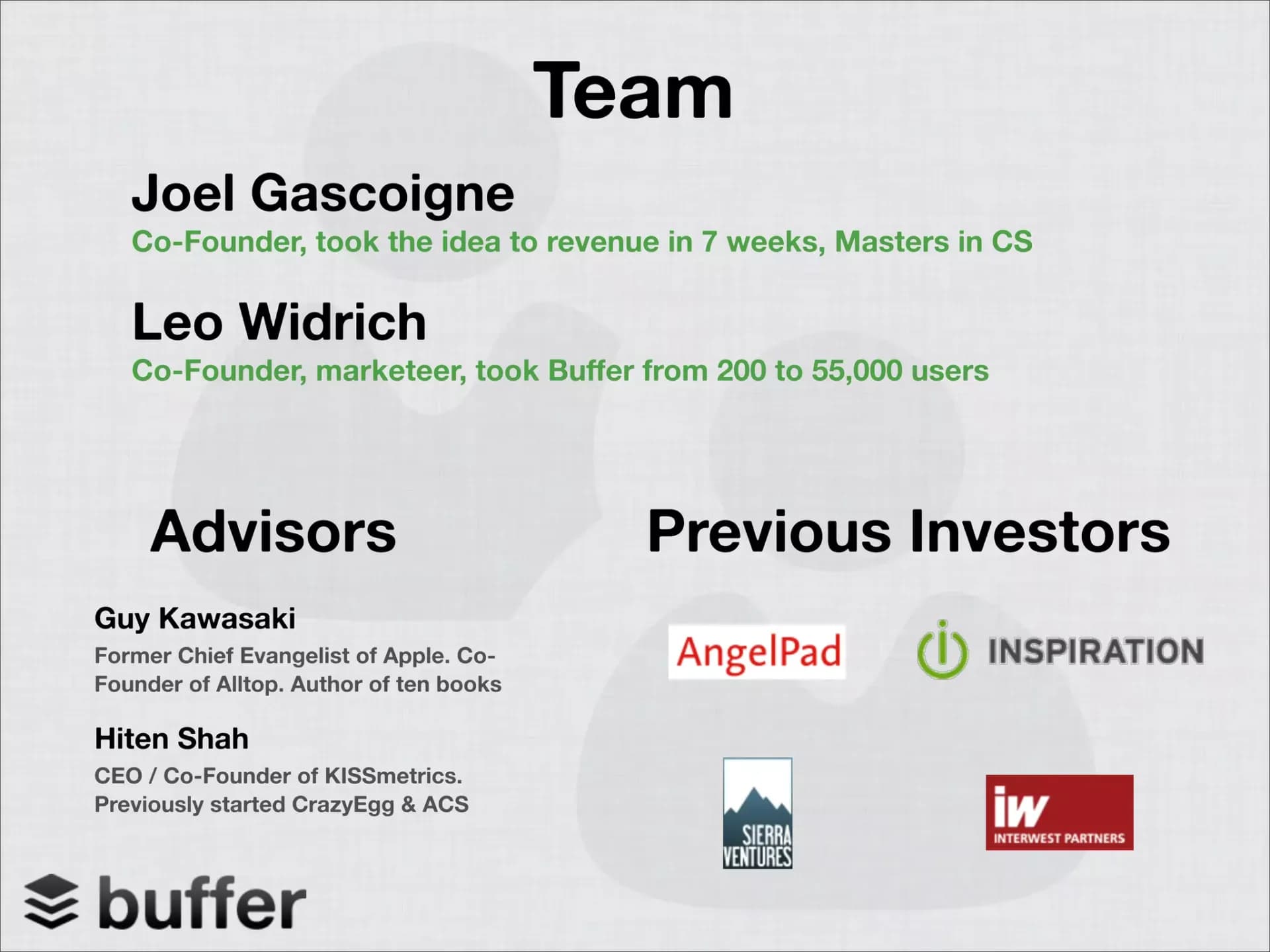 Team, advisors and investors slide