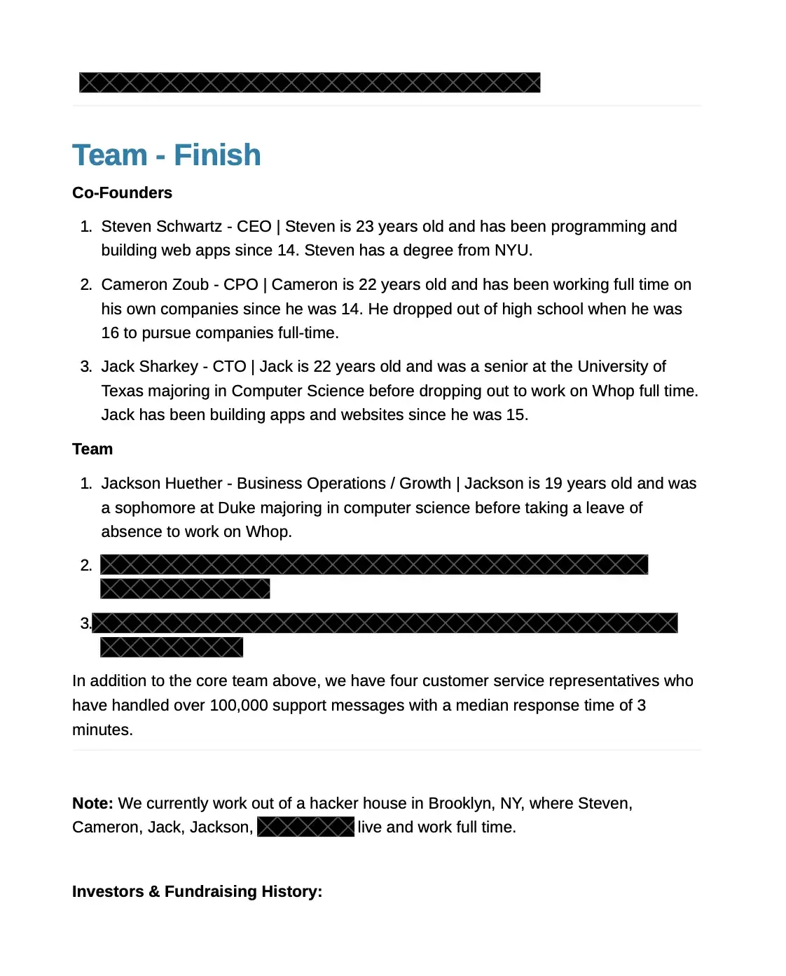Founding team and operating setup slide